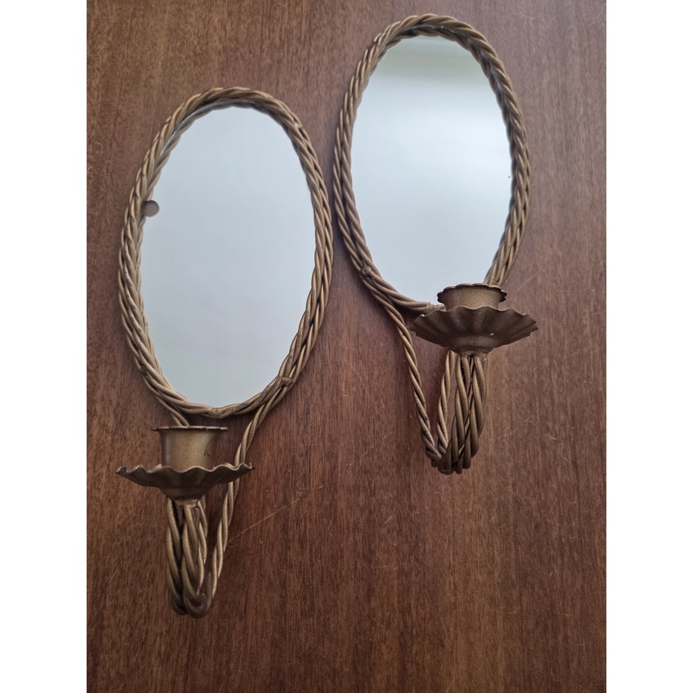 Vintage Gold Tone Mirror Wall Candle Sconces Pair Oval Rope Hollywood Regency